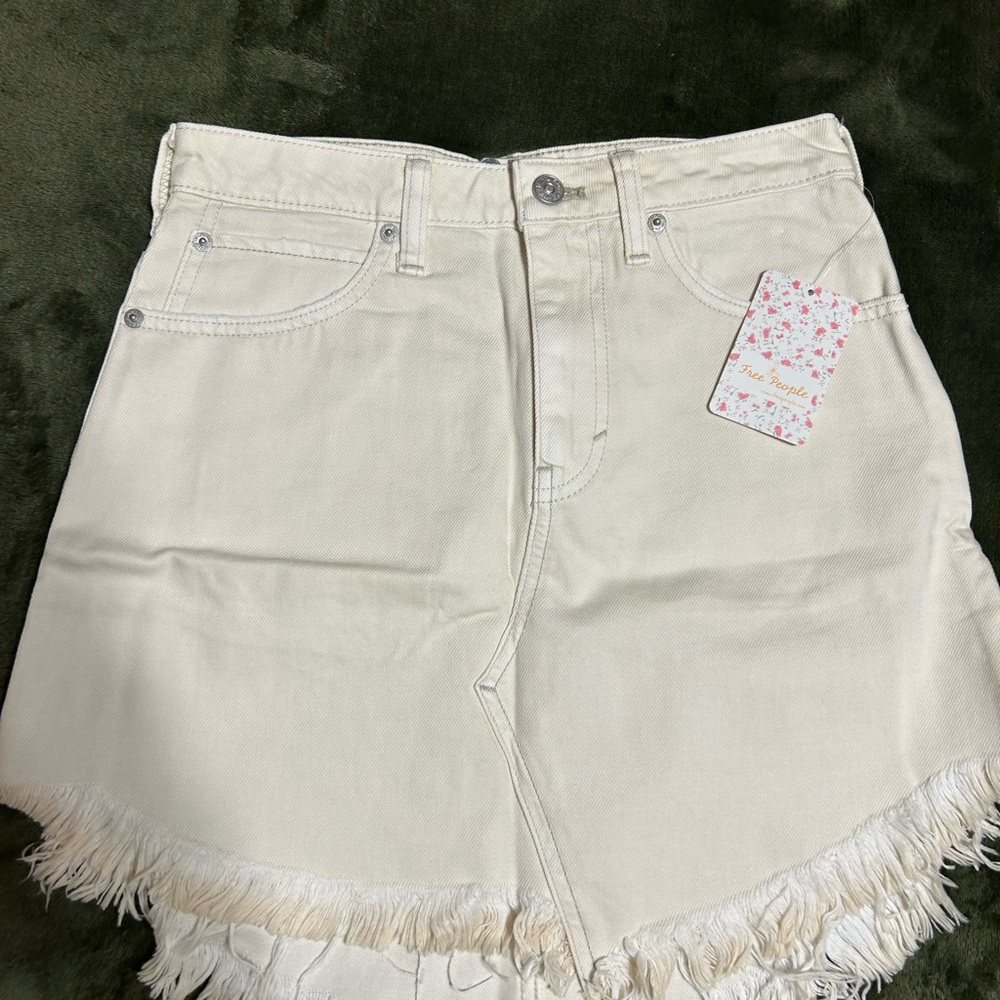Free people cream denim frayed skirt